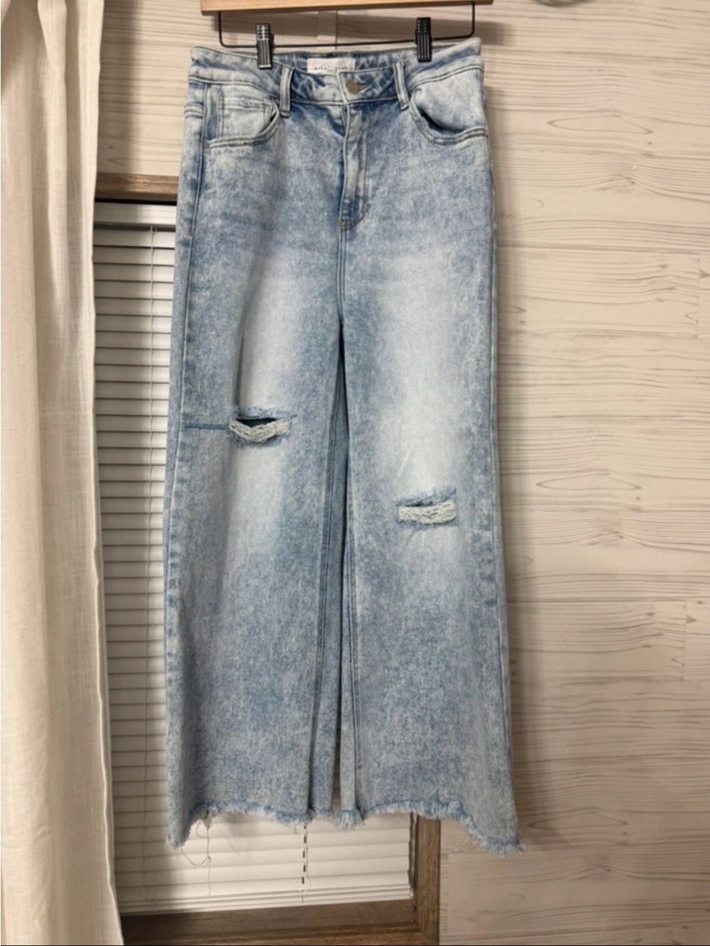 High-Rise Light Wash Wide-Leg Distressed Jeans